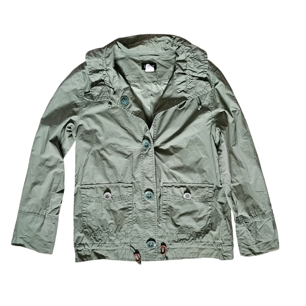 J. Crew women's jacket raincoat army green olive size 2 drawstring waist pockets